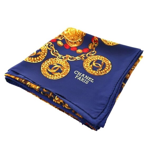 CHANEL Silk Scarf CC Medallion Coins Chains Gold Blue Vintage - Picture 3 of 5